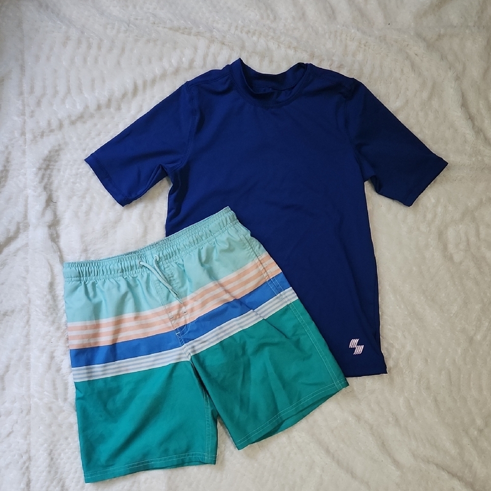 Wonder Nation Blue Rashguard with Teal and Orange Shorts